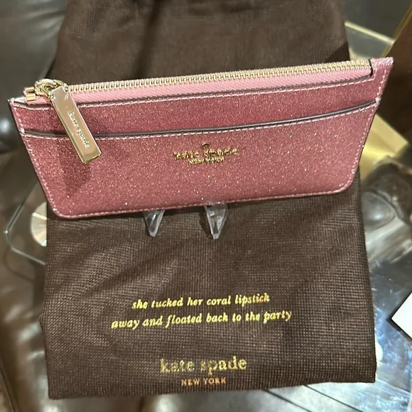 Authentic ♠️ Kate Spade NY Large Slim Cardholder in Glitter Mixed Mitten Pink